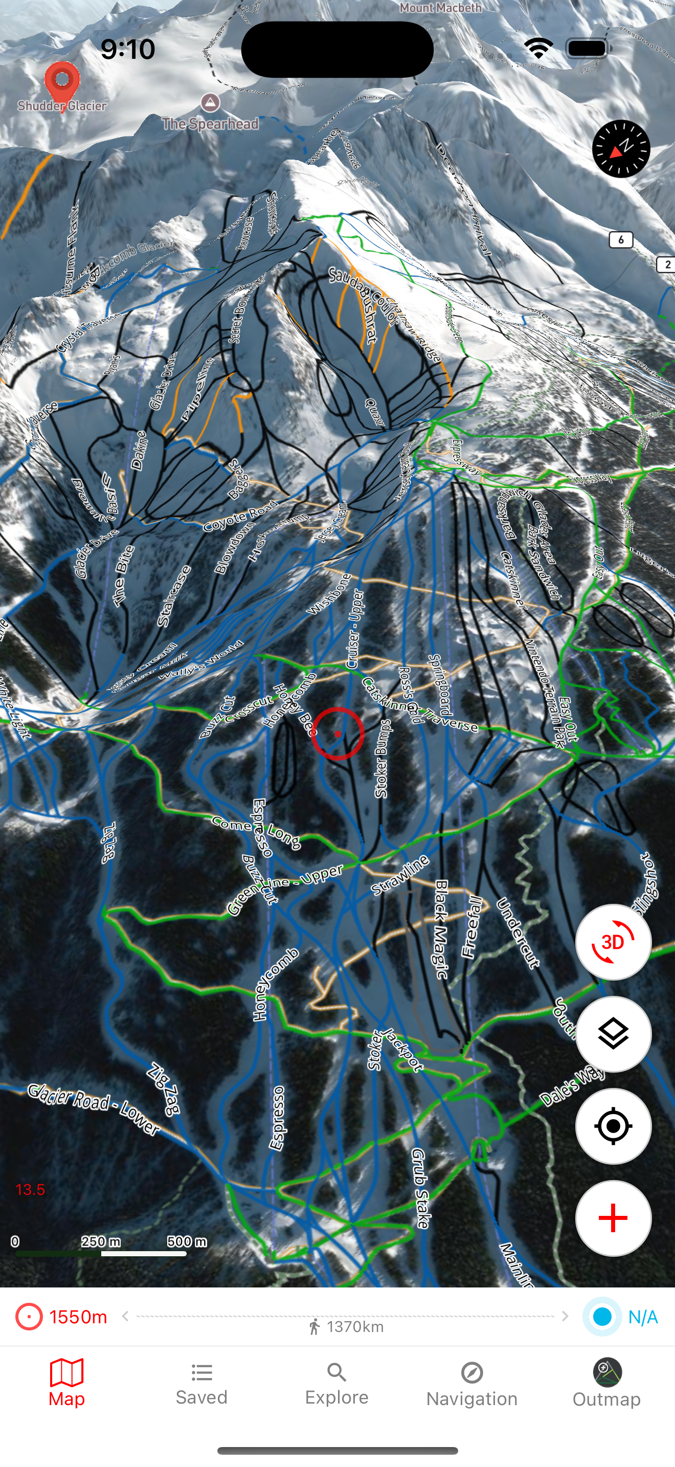 OUTMAP app showing 3D terrain analysis for backcountry skiing