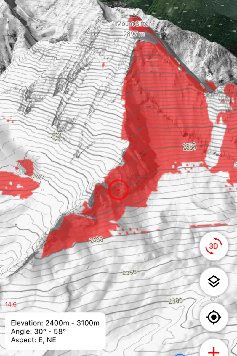 Screenshot of the OUTMAP app highlighting elevation, angle, and aspect for avalanche safety.